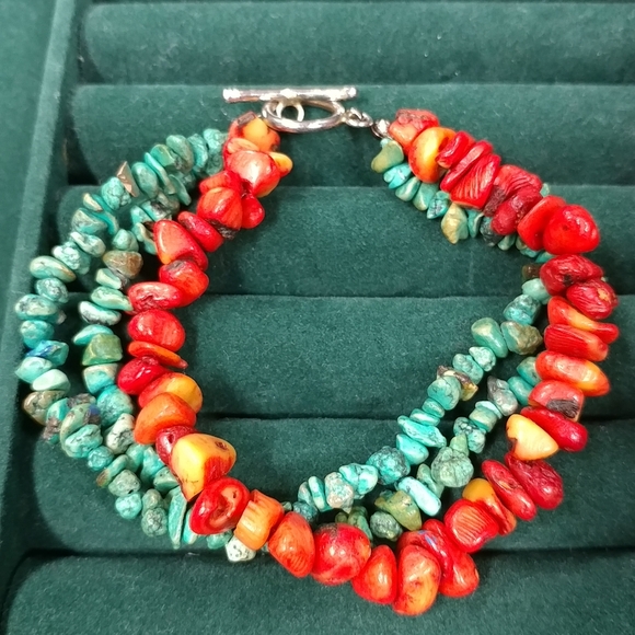 Turquoise Chip & Coral Bracelet 3 Strand 925 Sterling Silver 8" Long - Picture 16 of 16